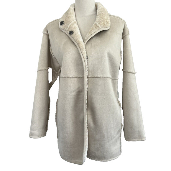 Dylan Lux Jacket Women Small Suede Sherpa Reversible Coat Cream Snap Button Cozy - Picture 1 of 14
